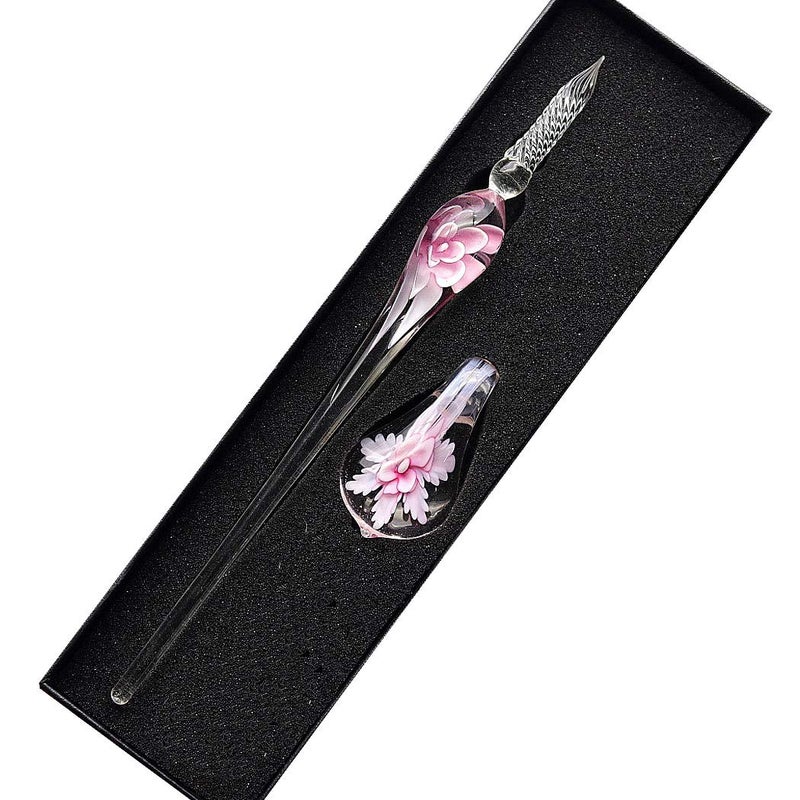 SIPLIV Crystal Glass Intarsia Dip Pen Fountain Pen Kit Vintage Calligraphy Signatures Pen, Pink - Image 1